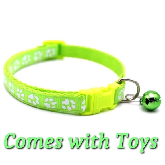 Sweet Heart Paw Print Lime Green Cat Collar with Bell and Toys Gift Package - Picture 1 of 10